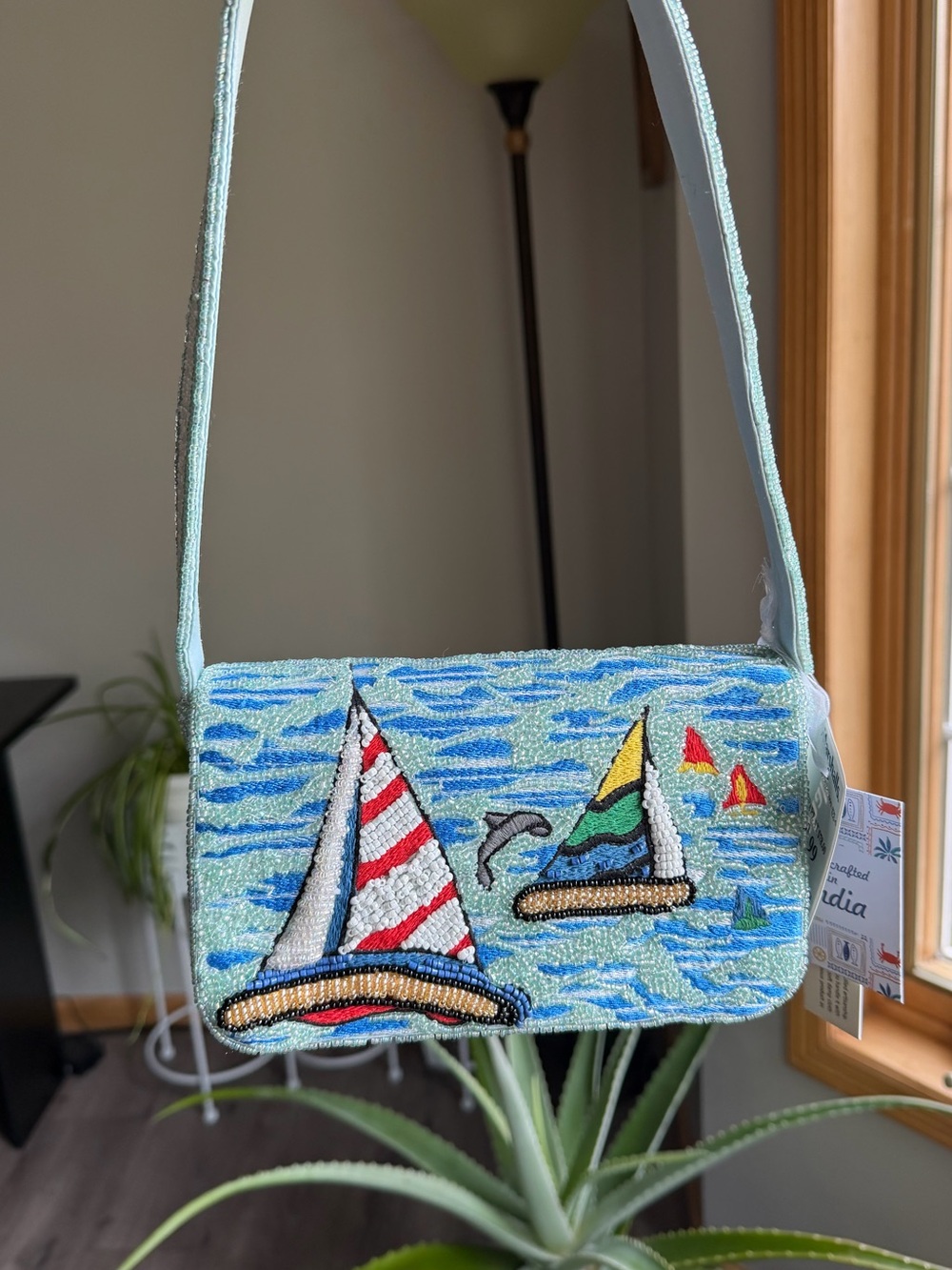 Viral Beaded Sailboat Shoulder Bag in Light Blue Made in India